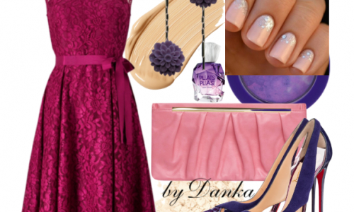 Čipkované purpurové šaty s mašľou